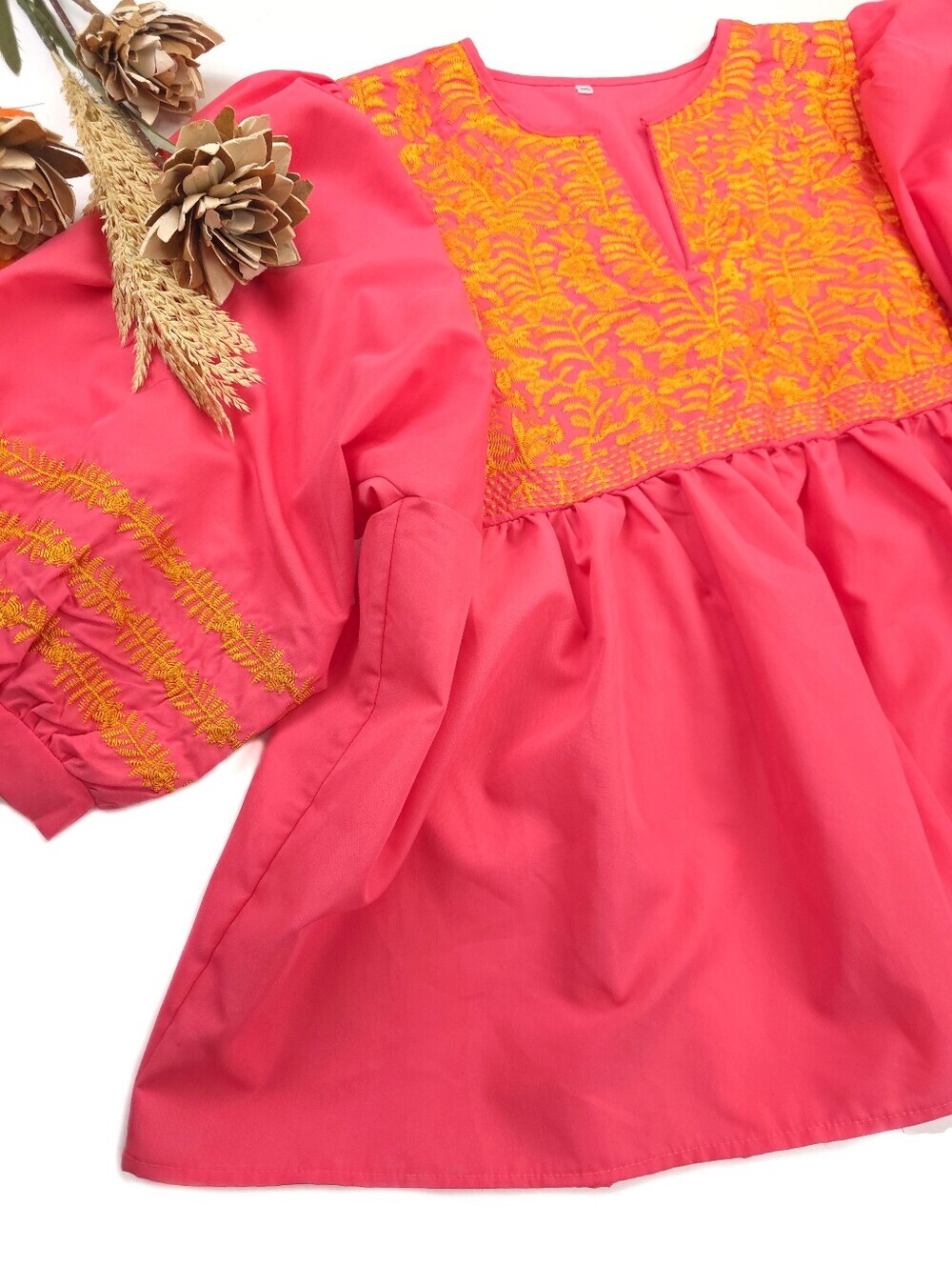 Womens Pink Puff-Sleeve Gold Embroidered Top Sz 3-XL